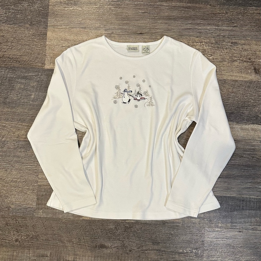 Women’s Vintage Classic Elements White Long Sleeve Top Winter Snowman Design L